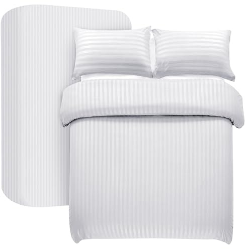 My home store White Double Duvet Cover Set 4 Pcs Satin Stripe Duvet Covers Soft Brushed Microfiber Bedding Set with Fitted Sheet 30 CM Deep & 2 Pillowcases