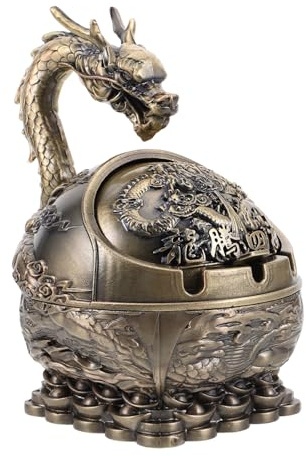 Dragon Ashtray Vintage Metal Coffee Windproof Portable for Home Office | Cool Ash Tray, Decorative Ashtray with Lid, Hand Carved Antique Style, Men Desk Accent