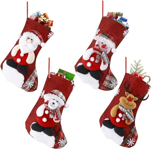 FALSKT 4Pcs Christmas Stockings 9 Inch Personalised Xmas Stocking Small Santa/Snowman/Reindeer/Dog Stockings Christmas Sack Sock Gifts Bag for Xmas Tree Fireplace Stairs Decor Room Ornament