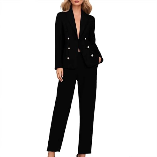 Duohropke Hosenanzug Damen Business Lange 2 Teiler Anzug Set Casual Langarm Tracksuit Elegante Einfarbig Blazer Jacke Und Hosen Outfit Sexy Festlich Freizeitanzug Mit Taschen Workout Sets