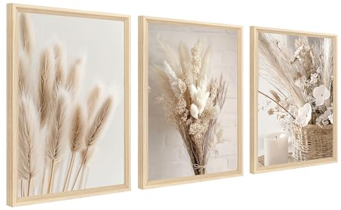 3 st träram canvastryck beige boho pampasgräs målning affisch nordisk blomma salvia torkat gräs målning väggdekoration vardagsrum sovrum 40 x 60 cm x 3 (ingen plexiglas)