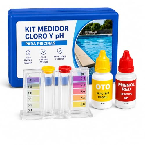 CABLEPELADO Kit Medidor de Cloro y pH para Piscinas, Analizador de Agua con Reactivos OTO y Phenol Red, Test Manual para Piscinas,Desmontables, Spa, Jacuzzi y Hidromasajes.