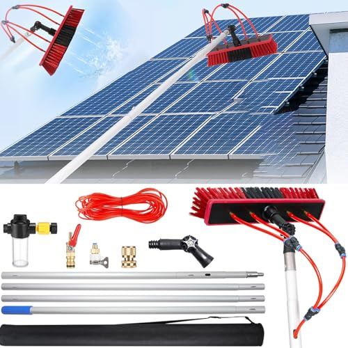 YFSMBD Teleskop Waschbürste 3-18 Meter 3-in-1 Bürstenkopf mit Weichen Borsten & Wasseranschluss & Seifenspender & 20M Wasserschlauch für Fenster, Solar, PV Anlagen (55cm Brush,14m)