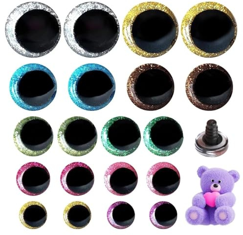 20 Stück Glitzer Augen für häkeltiere 12-20mm große Sicherheitsaugen mit Unterlegscheiben Chromatisch Kunststoff runde Augen zum Basteln für Puppe Plüschtier Teddyaugen Stofftiere DIY-Bastelarbeiten