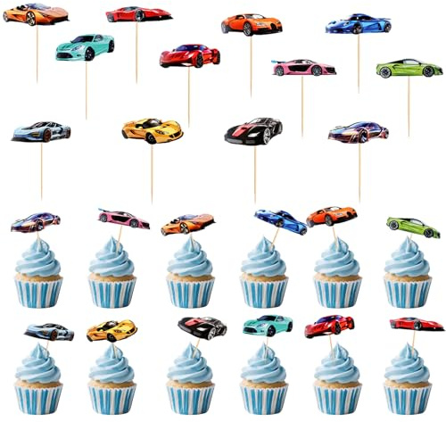 Sdhgerh 12 Stück Sportwagen Cupcake Toppers Deko, Rennwagen Motive Geburtstag Cupcake Topper Set für Baby Shower, Kindergeburtstag und Sport Theme Party