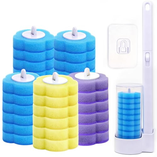 LIHAO Disposable Toilet Brush with Holder and 30 PCS Cleaner Refills | Replacement Sponge Brush Heads, Long Handle and Wall Mounted Storage Caddy for Toilet Bowl, Bathroom, Bathtub, Sink, Showers