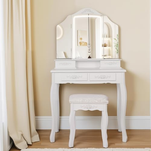 HVCBOSS 3-in-1 Makeup Vanity Desk with Tri-Fold LED Mirror, Charging Station (2 AC + 2 USB), 4 Drawers + Open Shelf, Small Vanity Table with Stool for Bedroom/Dorm