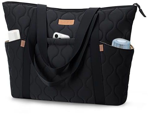 Lekespring shopper väska handväska damer, lätt buffertväska skötväska, stor 15,6 tum laptopväska arbetsväska axelväska handväskor kvinnor för universitet kontor arbete resor, svart, 15.6 Zoll