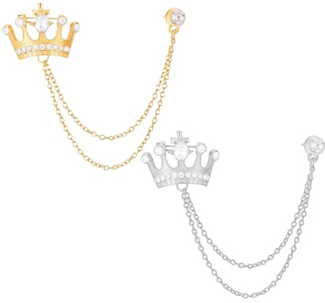 Crown Hanging Chain Brooch Pins Lapel Chain Brooch for Men Suits Collar Pins Vintage Rhinestone Breastpin Wedding Brooches Pin Suit Stud Shirt Studs Suit Jewelry Accessories for Women Men Gold Silver