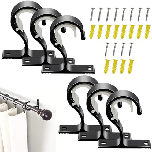 6 Pcs of Black Curtain Pole Brackets，Suitable for Rods of Ø20-28mm,Can Be Used As Curtain Rail Brackets for Hanging Curtains Or Wardrobe Rail Brackets for Hanging Clothes,with Installation Screws