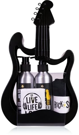 Set de regalo Accentra ROCKSTAR, set de cuidado personal en guitarra metálica negra con gel de ducha, champú, jabón y toalla, como idea de regalo especial y rockera para un cumpleaños