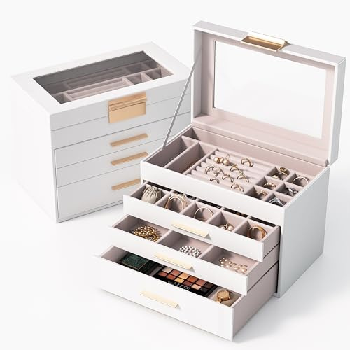 gaobaidu Jewellery Box with Glass Lid,4-Tier Jewellery Organiser with 3 Drawers,Ivory Leather with Pink Velvet, Holder for Ring Necklace Bracelet Brooch Watch, Great Gift for Her (white)