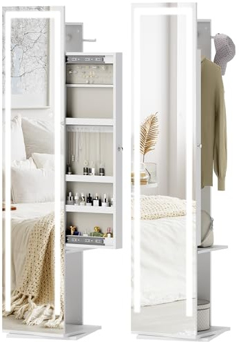HOMCOM Espejo Joyero con Luces LED, Armario Joyero con Espejo de Cuerpo Entero sin Marco, Armario para Joyas Giratorio 360° con Estantes Abiertos, Perchero y Barras para Colgar, Blanco y Forro Beige