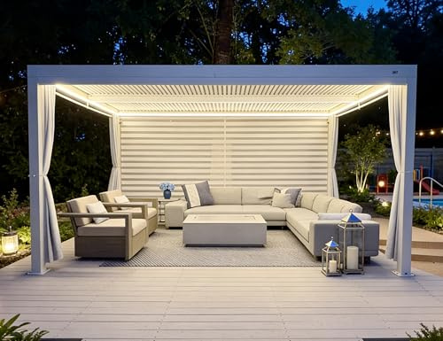 PURPLE LEAF Pergola 3.65 x 4.8 m LED Streifen Entwässerungssystem, Weiß | LED Streifen mit Fernbedienung, Regenablauf-System, Sonnen- und Regenschutz, Verstellbaren Alu-Lamellen, Verwendung bei Nacht
