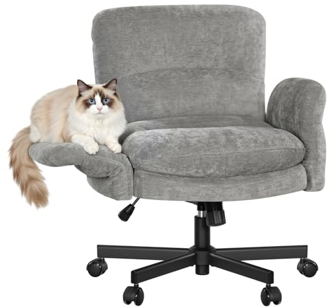 WOLTU Schreibtischstuhl, Schneidersitz Stuhl, Chenille-Drehstuhl, Grau | 5-stufig Klappbare Armlehnen, Homeoffice Stuhl mit Sitzkissen & Seitentaschen, für Wohnzimmer Arbeitszimmer