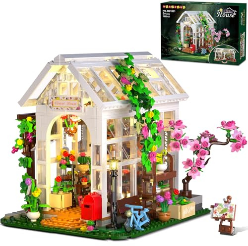 HOGOKIDS Blumenhaus Bausatz mit LED für Mädchen von 6-12 Jahren Erwachsener | Gewächshaus Bauklötze Mint Pflanzen und Tiere, kreatives STEM Konstruktionsspielzeug, Geburtstagsgeschenk für Kinder 12+Jahre