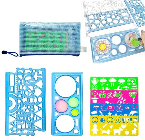 Set 7 Pezzi Normografo e per Bambini, Stencil Lettere e Forme Geometriche con Righelli Disegno Tecnico e Astuccio a Rete, Kit per Scuola, Disegno e Pittura, Blu