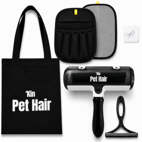 'Kin Pet Hair – Ultimate Pet Hair Removal Kit | Reusable Pet Hair Roller, Hair Removal Glove & Scraper for Dog & Cat Hair from Sofas, Carpets, Furniture & Car Interiors | Complete reusable pet hair remover kit with roller, glove, scraper and cotton storage bag.