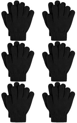 Cooraby 6 Pairs Kids Knitted Magic Gloves Teens Warm Winter Stretchy Full Fingers Gloves (Black, 12-16 Years)