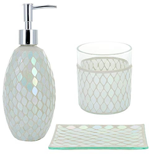 G Decor Cream Mosaic Modern Sparkle Glass 3-Piece Bathroom Accessory Set, Includes Liquid Soap or Lotion Dispenser, Toothbrush Holder, Soap Dish