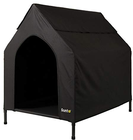lionto Outdoor Hundeliege überdacht, 110x75x105 cm, wasserabweisendes, kratzfestes Oxford-Material & atmungsaktives Netzgewebe, erhöhtes Hundebett mit abnehmbaren Füßen, für Hunde bis 60 kg, schwarz