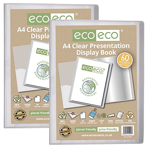 eco-eco Präsentationsbuch, A4, 50% recycelt, 60 Taschen, transparent, Aufbewahrungsbox, Portfolio, Kunstmappe, mit Kunststoffhüllen, 2 Stück, eco099x2