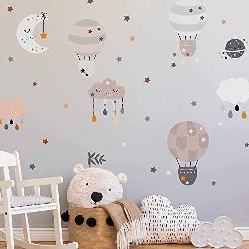 WANDKIND HEIßLUFTBALLON Wandtattoo Set | V261 handgezeichnet | AUFKLEBER Kindergarten | Wandsticker Kinderzimmer Babyzimmer Ballon Wolken Sterne Mond Boho (Neutral)