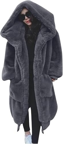 Lapirek Women's Long Faux Fur Coat with Hood, Oversized, Warm, Plush, Grey, XL