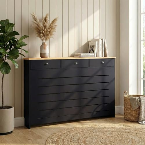 DuraTherm® Radiator Cover Black Painted MDF Cabinet Horizontal Slat Storage Drawers & Shelf, Radiator Furniture Cabinets for Office Hallway Living Room Bedroom, Large (H: 96cm / W: 150cm / D: 19cm)