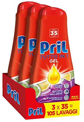 Pril Gel All In One Limone & Lime, Detersivo Lavastoviglie Liquido Multi-Azione Sporco Difficile, 3 Confezioni x 35 Lavaggi (105 lavaggi)