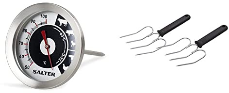 Salter 512 SSCR Analogue Meat Thermometer, Temp Range 50 °C - 100 °C & KitchenCraft KCLIFTERS Meat and Poultry Lifting Forks, 22 x 9 cm, Set of 2, Black/Silver