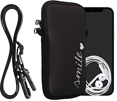 kwmobile Handytasche für Smartphones XXL - 7 - Neopren Handy Hülle Weiß Schwarz - Handy Tasche mit Kette 17,7 x 8,5 cm Innenmaße - Smile Herz