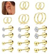 FIOROYAL 11Pairs 𝟭𝟰𝗞 Gold Stud Earrings Gold Small Hoop Earrings Set for Multiple Piercings Ball Cubic Zirconia Hypoallergenic Surgical Steel Earrings Flat Back Cartilage Sleeper Earrings for Women