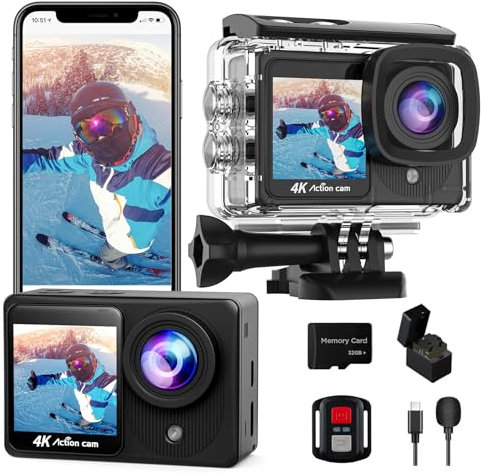 4K30FPS Dual Screen Action Camera with 32GB SD Card, Touchscreen Pre-recording 20MP Underwater Camera, 131FT Waterproof Cameras,2.4G Remote Control Sports Camera, 2 Batteries Helmet Accessories Kit
