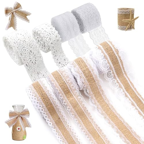 8 Rolle Juteband mit Spitze, 4 Natur Juteband + 4 Spitzenband Weiß | Vintage Spitzenband Selbstklebend, Dekoband für Deko Hochzeit Geschenkverpackung DIY Basteln