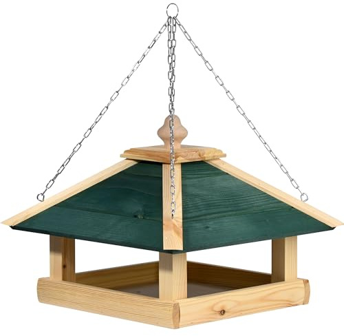 dobar® Green Label stort fågelfoder Narsaq med kedja för upphängning – fågelhus med trätak – foderstation för vilda fåglar – 39 x 39 x 30 cm – grön