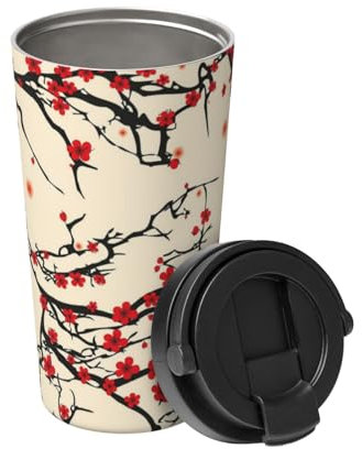 ZaKhs Kaffeebecher mit Kirschblüten-Aufdruck, auslaufsicherer Deckel, isolierter Kaffeebecher, Edelstahl, Reisebecher für Zuhause und draußen, 500 ml