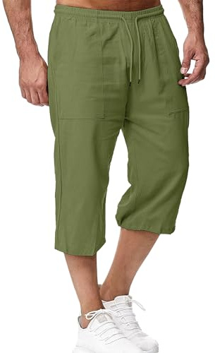 LVCBL Short en Lin pour Homme - Longueur 3/4 - Pantalon d'été - pour la Plage, Le Yoga, Le Jogging - Décontracté, Vert Armée, XXXL