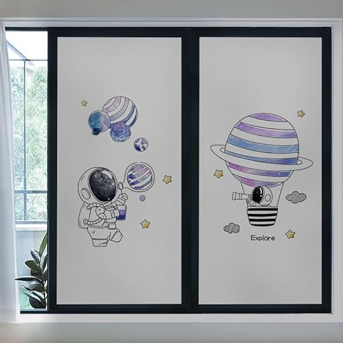 Fensterfolie Lila Blauer Astronaut Milchglasfolie Fensterfolie Milchglas Selbstklebend Fensterfolie Sichtschutz Blickdicht Fenster Sichtschutzfolie Folie für Fenster Fensterfolie Bad 70x150cm/2 Pcs