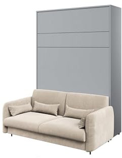 MEBLINI Schrankbett mit Sofa Bed Concept - Wandbett mit Lattenrost - Klappbett mit Schrank - Wandklappbett - Murphy Bed - BC-12-160x200cm Vertikal - Grau Matt/Beige mit Matratze
