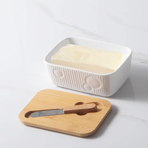 MRDLKNX Mantequera con tapa y cuchillo, soporte de mantequilla de cerámica, recipiente de mantequilla de porcelana, plato de mantequilla de alivio