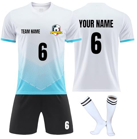 Faletony Personalisiertes Fussball Trikot Kinders Erwachsene Fusstball Shirt & Shorts Set mit Name Nummer Team Logo Fußballtrikot für Kinder Männer Jungen (Polyester, Weiß)