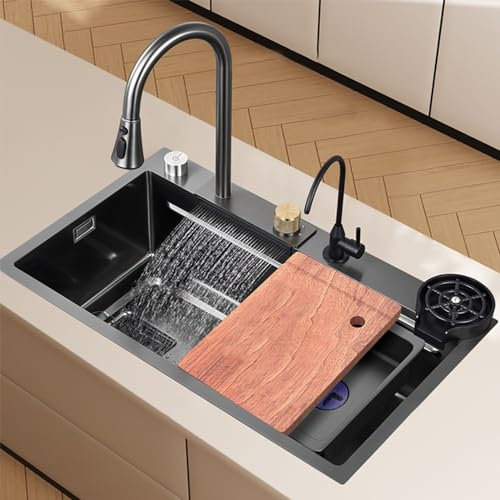 ZYBOWAYL Evier de Cuisine Cascade Raindance Lavabo Cuisine en Acier Inoxydable Domestique Évier Simple Évier Utilitaire Montage Supérieur Multifonction Évier Intégré avec Divers Accessoires(80x45cm/31