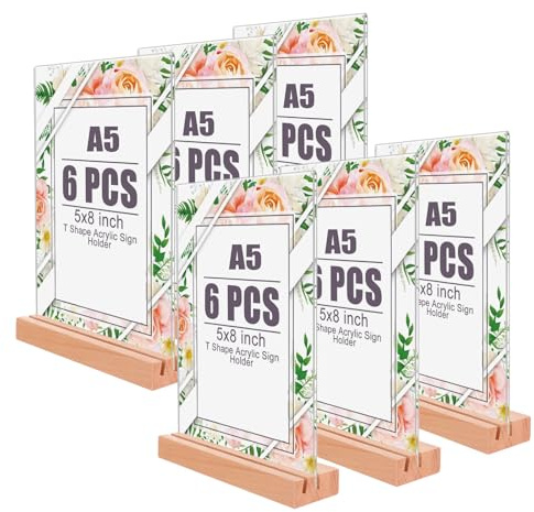 LOPYXBR 6PCS A5 Acrylic Sign Holder with Wooden Base, L-Shape A5 Menu Holder, Clear Double Sided A5 Display Stand for Restaurants Hotel Bar Office