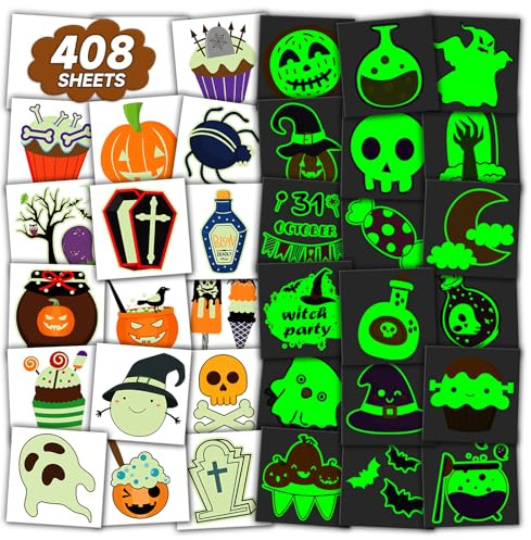 408 Feuilles Halloween Decoration Tatouages Enfant, Fluorescents Tatouages Cadeau Halloween pour Garçon Filles, Autocollants Accessoires Halloween Déco,Tatouages Temporaires Halloween Fête