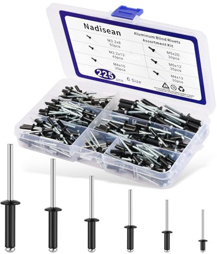 Nadisean 225 pezzi Rivetti a Strappo in Alluminio, 6 Misure Rivetti Metallo Neri, Rivetti Alluminio M3.2/M4/M5, Rivetti Neri 3.2/4/5mm, Rivetti in Alluminio con Scatola per Metallo, Legno