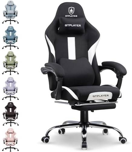 GTPLAYER Gamingstol, spelstol, andningsbar kontorsstol i tyg av hög kvalitet, ergonomisk PC-stol, justerbar och svängbar kontorsstol med fotstöd, vit