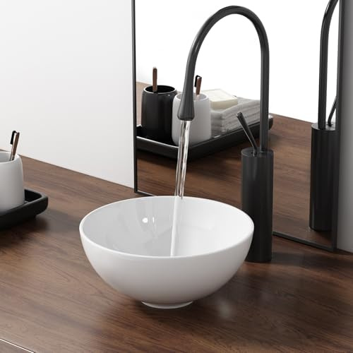 11 Inch Round Bathroom Bowl Sink Above Counter, QISHKA Mini White Ceramic Vanity Vessel Sink - 11 x 11 Small Countertop Circle Art Basin for Space-Saving