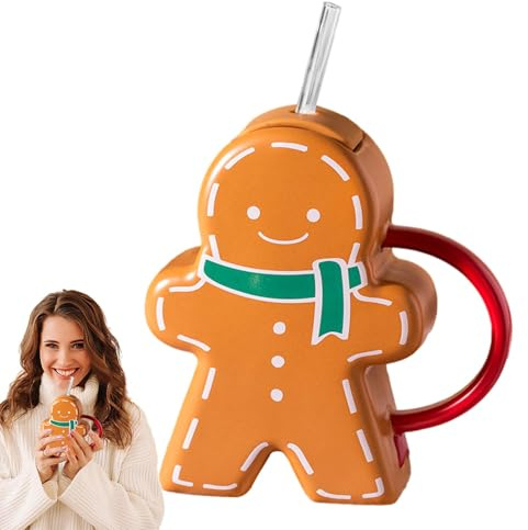 Lebkuchenmann-Tassen – Lebkuchenmann-Tasse, Keramik-Weihnachtskaffeetassen Mit Deckel Und Strohhalm | 450 Ml Weihnachtsbecher