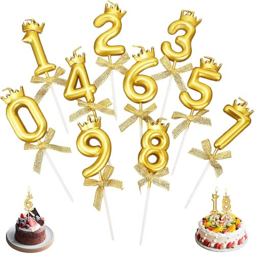 Candele di Compleanno Numeriche 0-9 Torta Topper Decorazione con Bowknot per Festa 10 Pezzi (Oro)